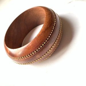 VINTAGE 70s WOOD BANGLE BRACELET   GOLD CHAIN